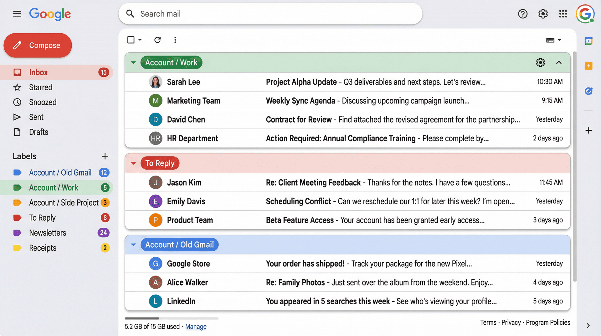 Gmail interface showing organized label system with multiple inboxes and color-coded categories