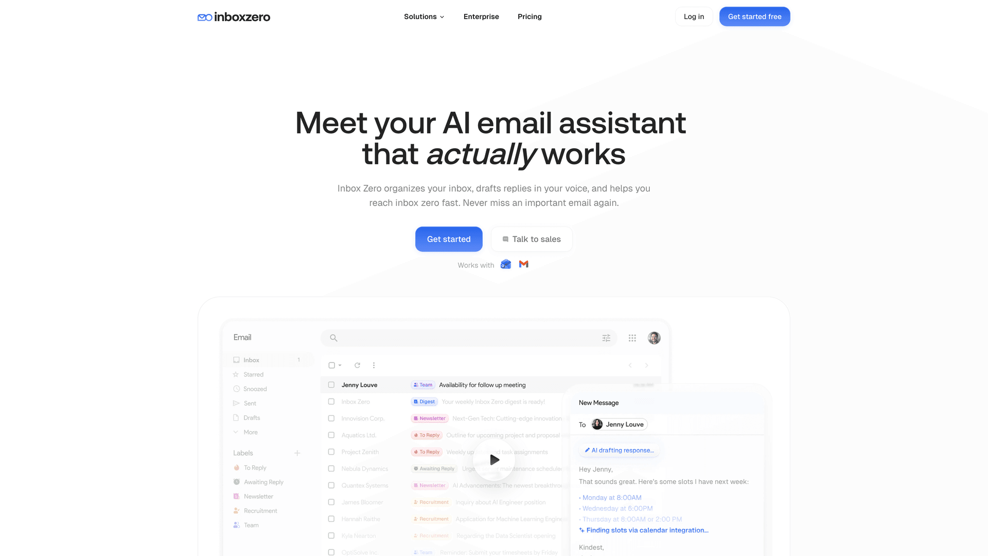 Inbox Zero homepage featuring AI email assistant for automated inbox management