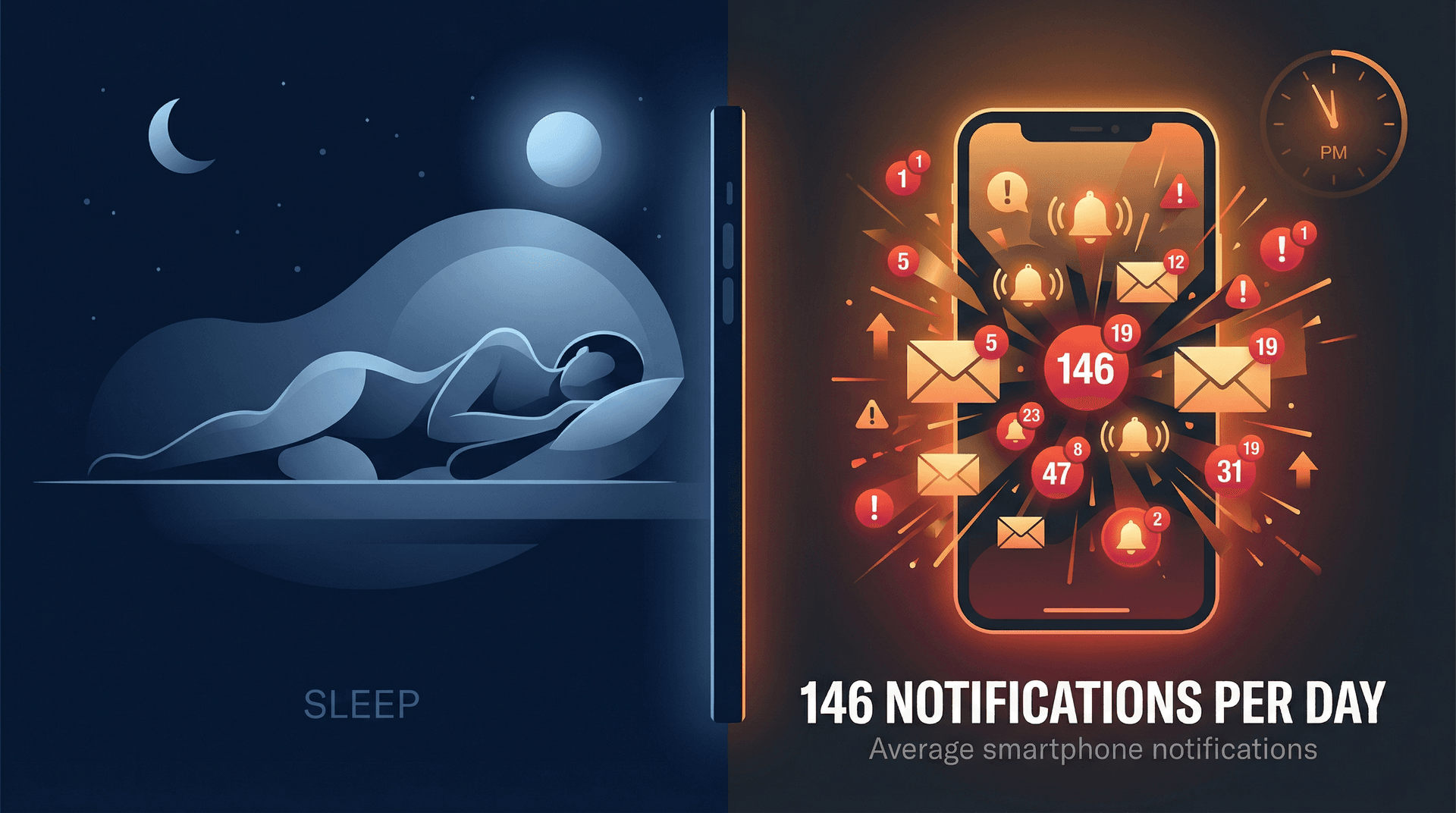 Split-screen visualization contrasting a peaceful sleeping figure on the left with a chaotic notification-flooded smartphone on the right, showing '146 notifications per day' statistic