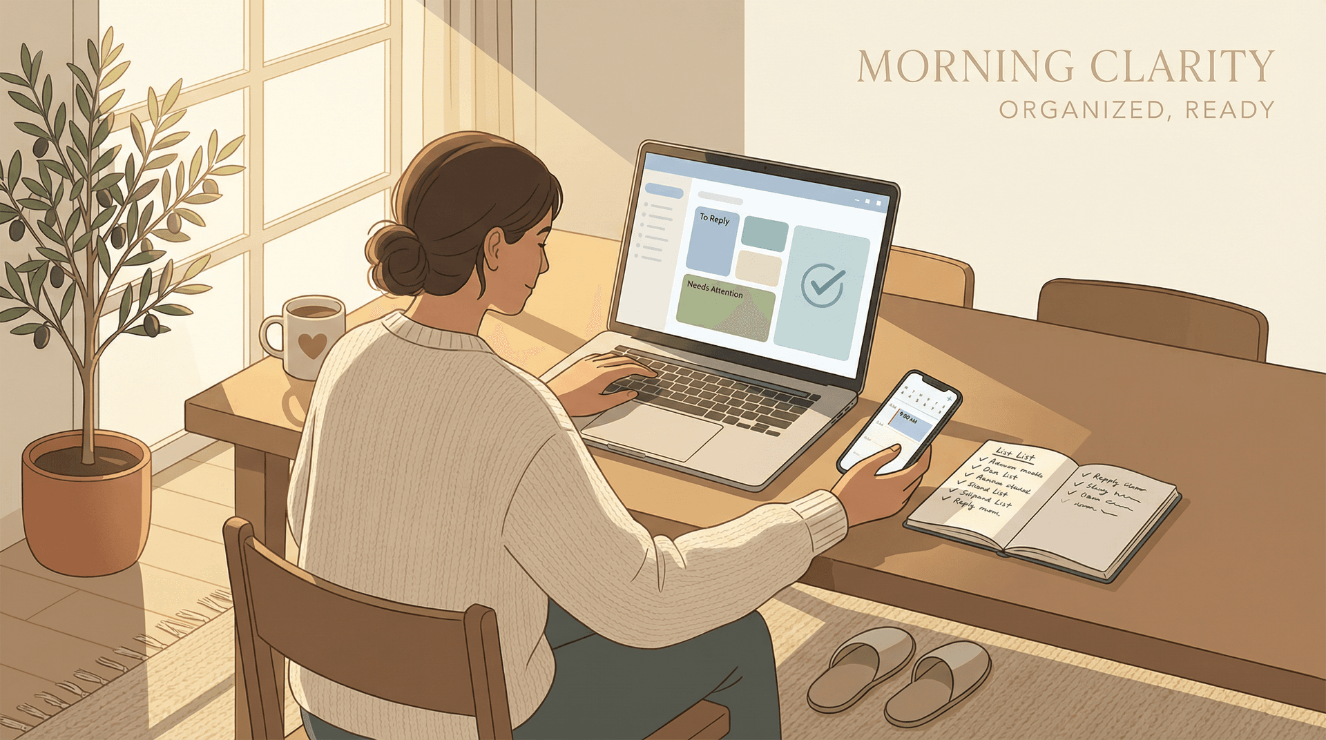 A serene morning scene showing a person confidently starting their day with a structured email system, representing the peace that comes from trusting a reliable inbox triage process