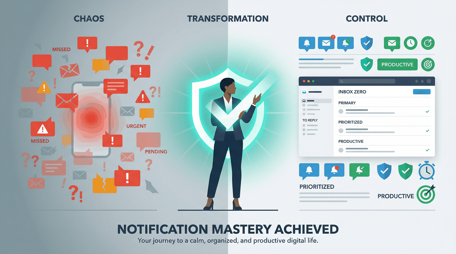 Split illustration showing transformation from chaotic scattered notification alerts to organized controlled email management system